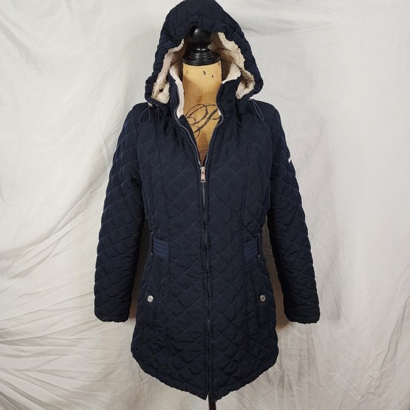 LAUNDRY by SHELLI SEGAL Size Medium Navy Blue Quilted Removable Hood Winter Coat - Picture 4 of 9